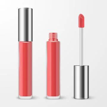Vector 3d Realistic Closed, Opened Red, Pink Lip Gloss, Lipstick Package, Silver Illustrazione stock