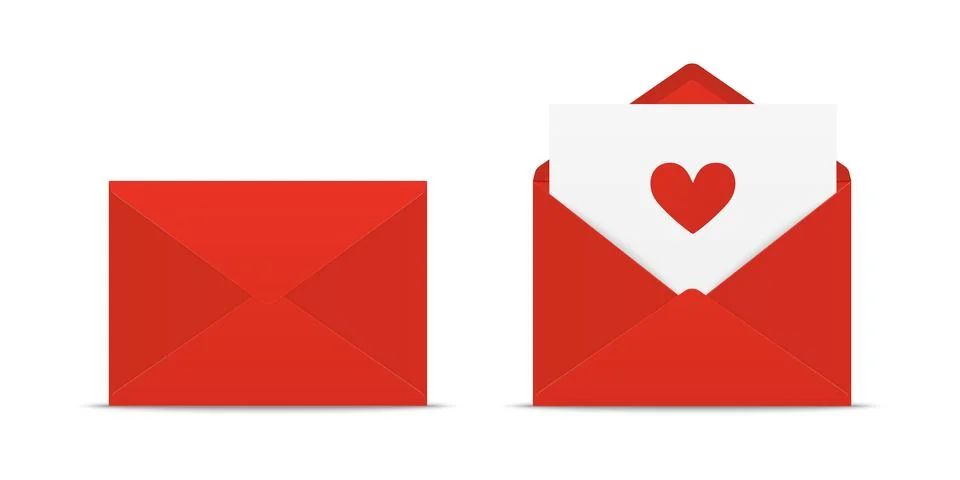 Vector 3d Realistic Closed, Opened Red Envelope with Heart Icon Set Closeup Ilustração Stock