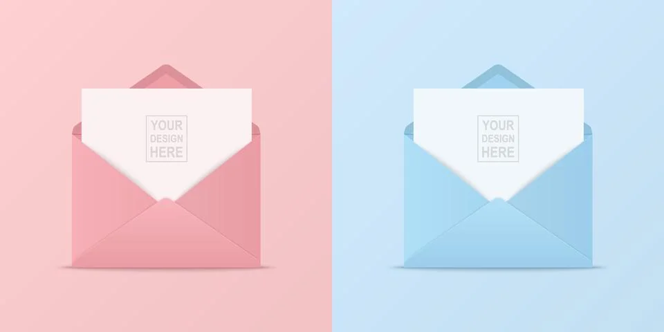 Vector 3d Realistic Closed, Opened Pink and Blue Envelope Set Icon Closeup Ilustração Stock