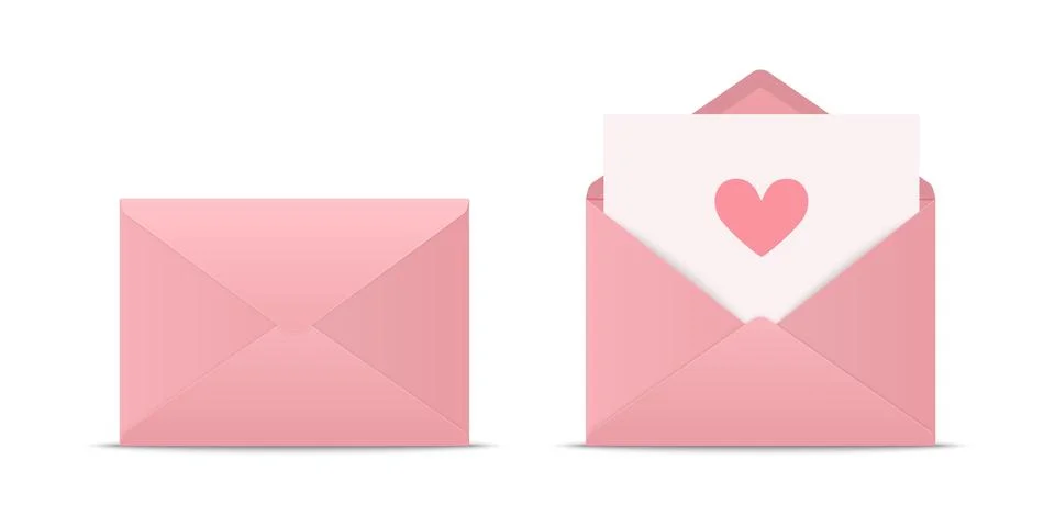 Vector 3d Realistic Closed, Opened Pink Envelope with Heart Icon Set Closeup Ilustração Stock