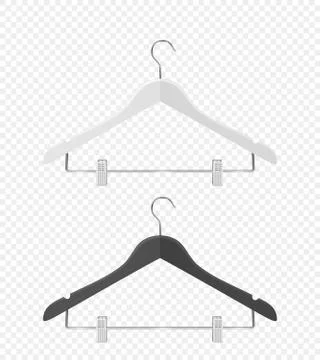 Vector 3d Realistic Clothes Coat Wooden Textured Black, White Hanger Set Closeup Stock Illustration