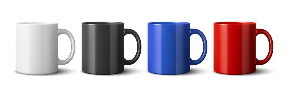 Vector 3d Realistic Coffee Mug Set for Branding and Mockup. Colorful Blank Stock Illustration