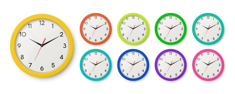 Vector 3d Realistic Color Wall Office Clock Icon Set Isolated. Different Colors 스톡 일러스트