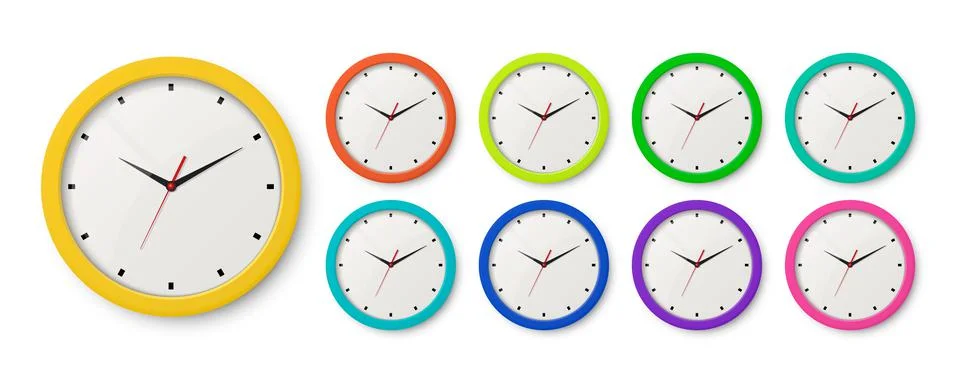 Vector 3d Realistic Color Wall Office Clock Icon Set Isolated. Different Colors Stock Illustration