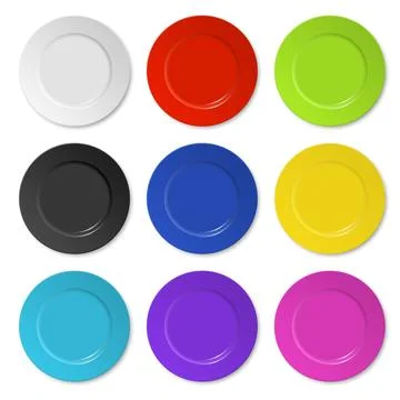 Vector 3d Realistic Colorful Dinner Plate Set. Round Plate Collection. Top View Stock Illustration