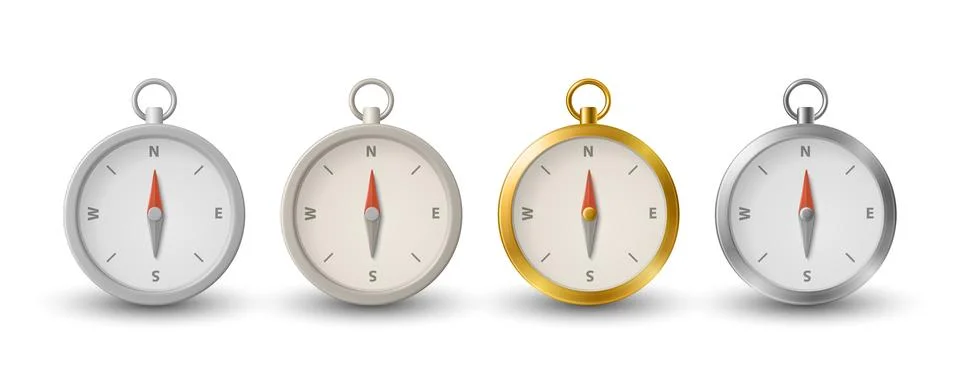 Vector 3d Realistic Compass Icon Set. Silver, Gold, Metal Navigation Compasses Stock Illustration