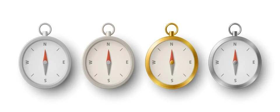 Vector 3d Realistic Compass Icon Set. Silver, Gold, Metal Navigation Compasses Stock Illustration