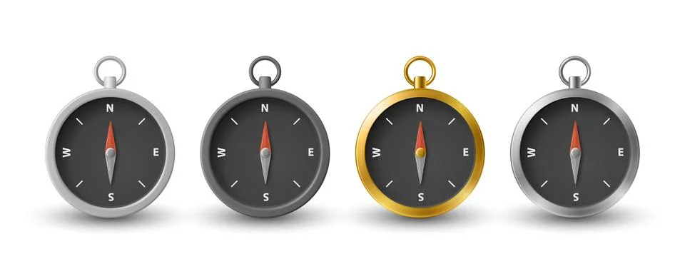 Vector 3d Realistic Compass Icon Set. Navigation Compasses with Black Dial Illustrazione stock