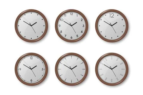Vector 3d Realistic Dark Brown Wooden Wall Office Clock Icon Set Isolated on Stock Illustration