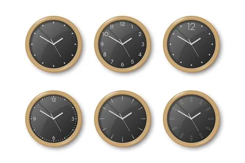 Vector 3d Realistic Dark Brown Wooden Wall Office Clock Icon Set Isolated on Stock Illustration