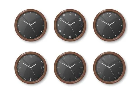 Vector 3d Realistic Dark Brown Wooden Wall Office Clock Icon Set Isolated on イラスト素材