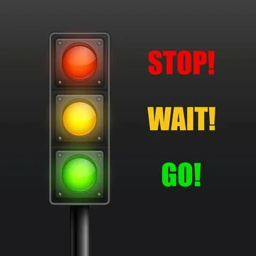 Vector 3d Realistic Detailed Road Traffic Lights Isolated on Black. Stop, Wait Illustrazione stock