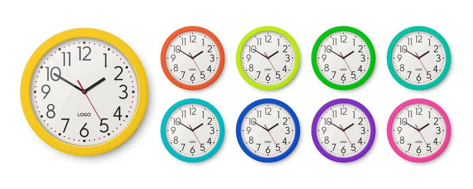 Vector 3d Realistic Different Colors Round Wall Office Clock Set, Design Stock Illustration