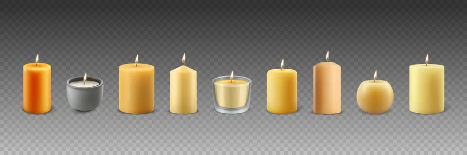 Vector 3d Realistic Different Paraffin Wax Burning Party, Spa Candles Set with Stock Illustration