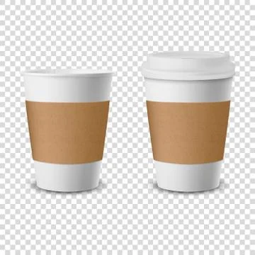 Vector 3d Realistic Disposable Opened and Closed with Lid Paper, Plastic Coffee 스톡 일러스트