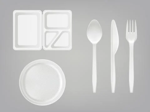 Vector 3d realistic disposable plastic lunch box, plate, spoon, fork, knife Stock-Illustration