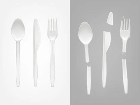 Vector 3d realistic disposable plastic spoon, fork, knife and broken cutlery Stock-Illustration
