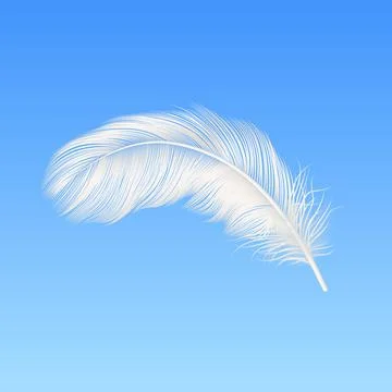 Vector 3d Realistic Falling White Fluffy Feather Closeup on Blue Sky Background Stock Illustration
