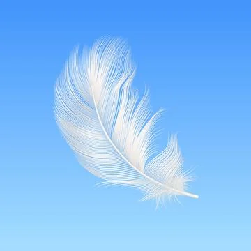 Vector 3d Realistic Falling White Fluffy Feather Closeup on Blue Sky Background Stock Illustration
