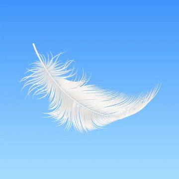 Vector 3d Realistic Falling White Fluffy Feather Closeup on Blue Sky Background Stock Illustration