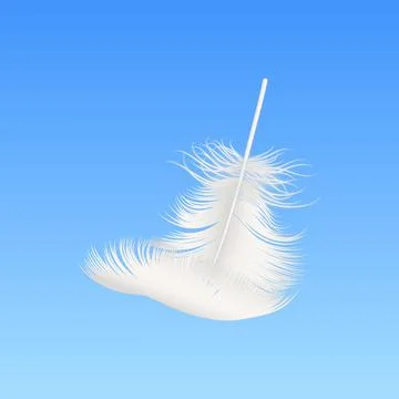 Vector 3d Realistic Falling White Fluffy Feather Closeup on Blue Sky Background Stock Illustration
