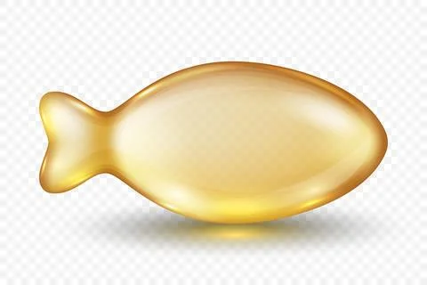 Vector 3d Realistic Fish Oil Capsule in Softgel Shape of Golden Fish. Omega-3 Stock Illustration