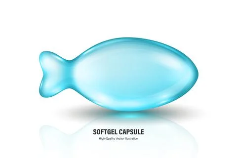 Vector 3d Realistic Fish Shaped Softgel Capsule Icon, Isolated. Glossy Blue Stock Illustration