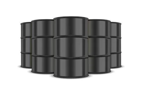 Vector 3d Realistic Five Black Barrels, Hazard Liquid. Caution Barrel Ilustração Stock