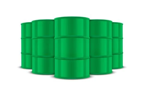 Vector 3d Realistic Five Green Barrels, Hazard Liquid. Caution Barrel Ilustração Stock