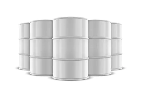 Vector 3d Realistic Five White Barrels, Hazard Liquid. Caution Barrel Ilustração Stock