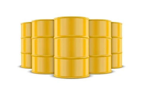Vector 3d Realistic Five Yellow Barrels, Hazard Liquid. Caution Barrel Ilustração Stock