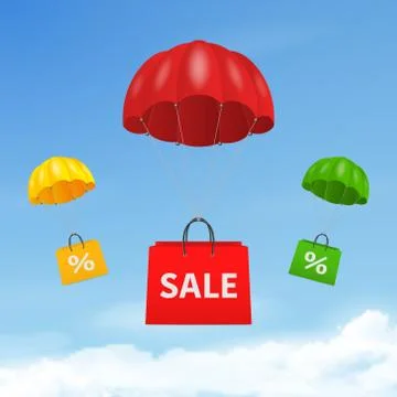 Vector 3d Realistic Flying Parachute with Paper Shopping Bag on Blue Sky イラスト素材