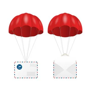Vector 3d Realistic Flying Parachute with Paper Envelopes Isolated on White Stock Illustration