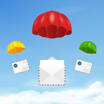 Vector 3d Realistic Flying Parachutes with Paper Envelopes on Blue Sky 库存插图