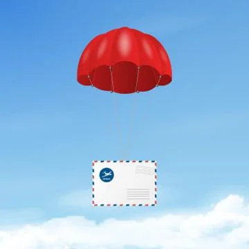 Vector 3d Realistic Flying Red Parachute with Paper Envelope on Blue Sky 스톡 일러스트