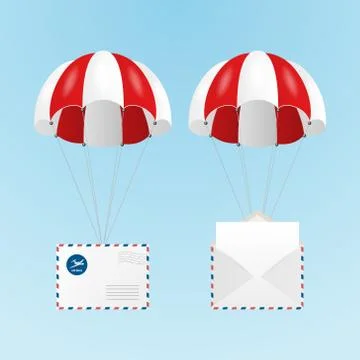 Vector 3d Realistic Flying Red and White Parachute with Closed and Opened Paper Stock Illustration