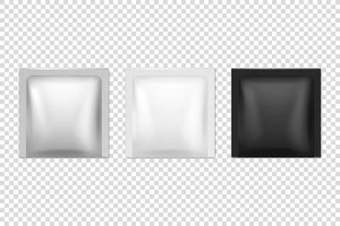 Vector 3d Realistic Foil, White, Black Square Blank Packaging Icon Set Closeup Stock Illustration