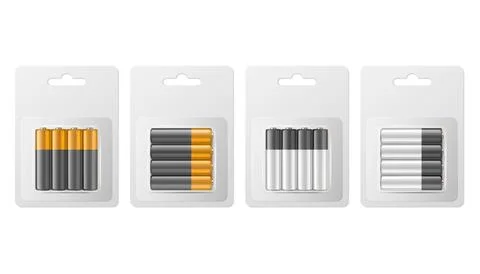 Vector 3d Realistic Four Alkaline Battery in Paper Blister Icon Set Closeup Stock-Illustration