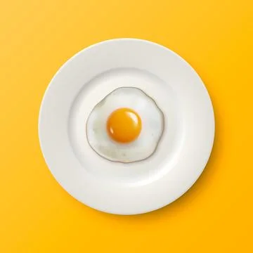 Vector 3d Realistic Fried Egg on a White Dish, Plate Closeup Isolated in Top Illustrazione stock