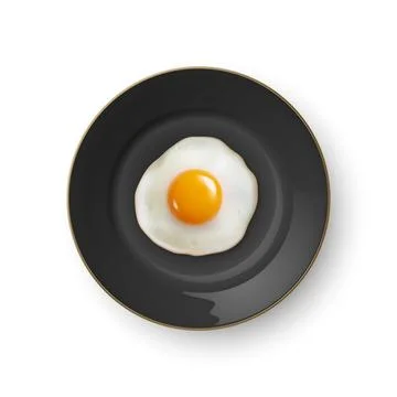 Vector 3d Realistic Fried Egg on a Black Dish Plate Closeup Isolated in Top View Stock Illustration