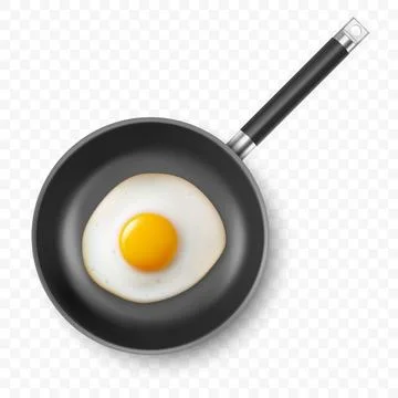 Vector 3d Realistic Fried Egg in the Black Frying Pan, Closeup Isolated, Top Stock Illustration
