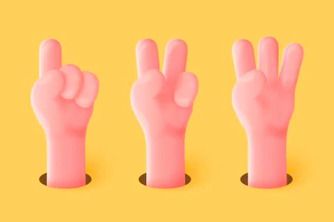 Vector 3d realistic funny cartoon hands, showing gestures - one, two, three Stock Illustration