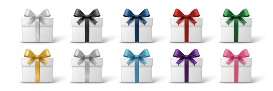 Vector 3d Realistic Gift Box Set with Colorful Ribbons and Bows. Gift Package Stock Illustration