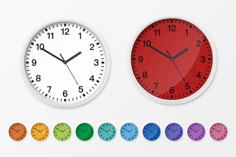 Vector 3d Realistic Glossy Classic Simple Wall Office Clock Icon Set Isolated on Stock Illustration