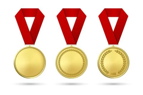Vector 3d Realistic Gold Award Medal Icon Set with Color Ribbons Closeup Stock Illustration