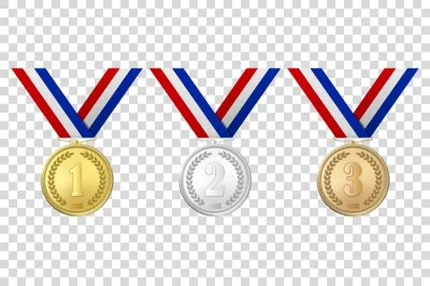 Vector 3d Realistic Gold, Silver and Bronze Award Medals Icon Set with Color Stock Illustration
