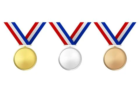 Vector 3d Realistic Gold, Silver and Bronze Award Medal Icon Set with Color Stock Illustration