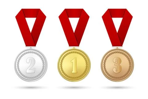 Vector 3d Realistic Gold, Silver and Bronze Award Medal Icon Set with Color Stock Illustration