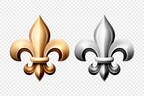 Vector 3d Realistic Golden and Silver Fleur De Lis Set. Heraldic Lily Collection Stock Illustration