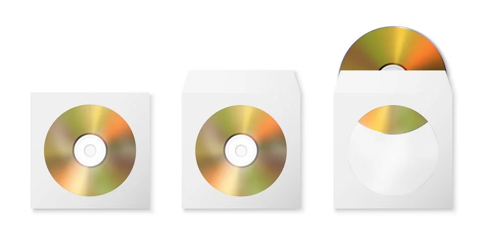 Vector 3d Realistic Golden CD, DVD with Paper, Plastic Cover, Envelope, Case Stock Illustration